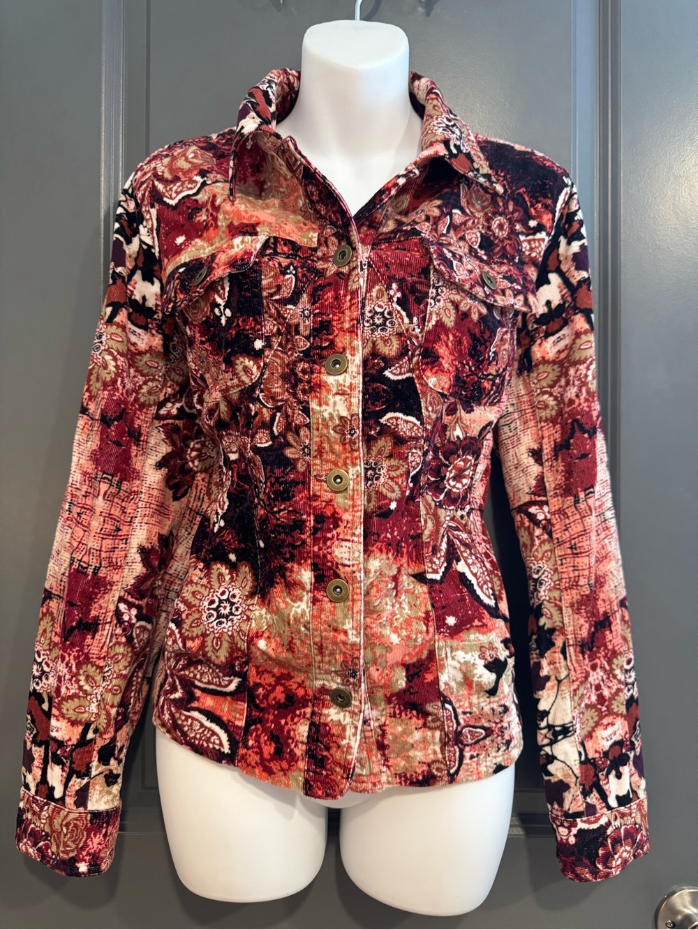 Christopher & Banks Red toned Floral or Paisley Button-Front Corduroy Jacket